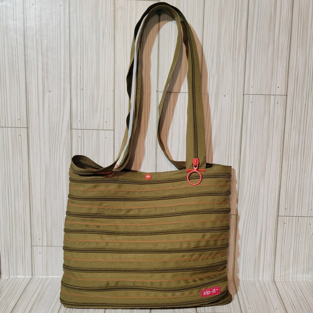 Zip It Medium Zippered Tote Bag Olive Green/Tan & Orange Zipper